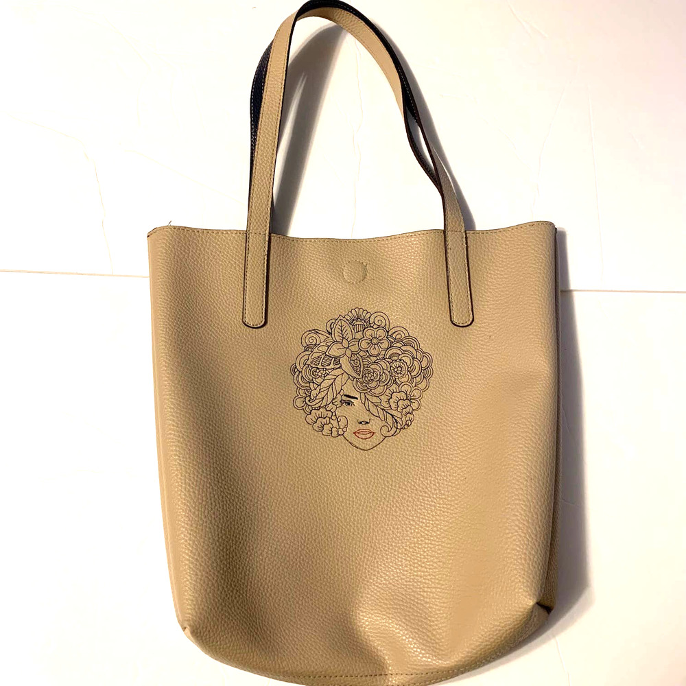 Tan Upcycled Faux Leather Embroidered Tote Bag